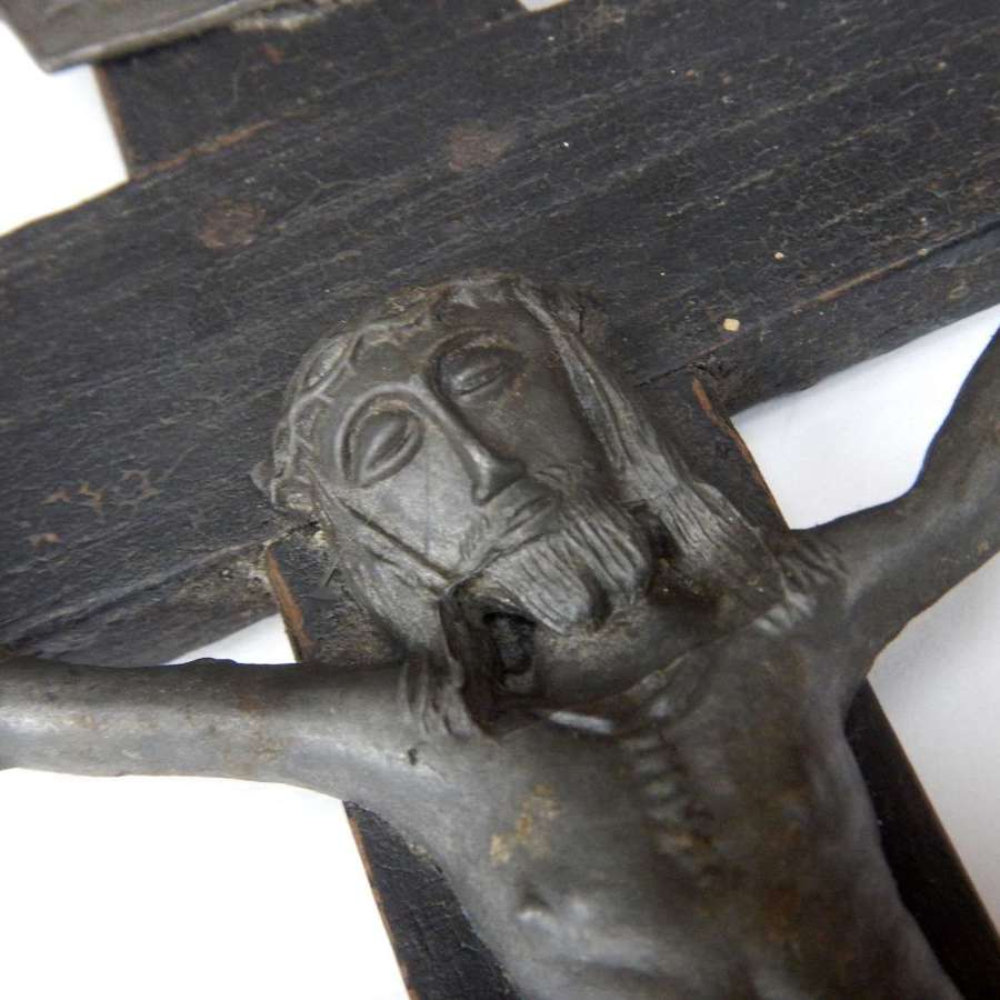 French Antique Wall Crucifix - Very Early Crucifix in Plain Dark Woo