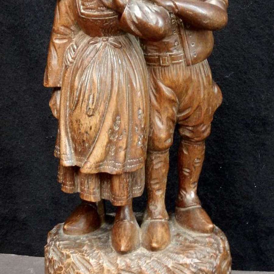 Antique French Sculpture - Intricately Carved Breton Couple in Traditi