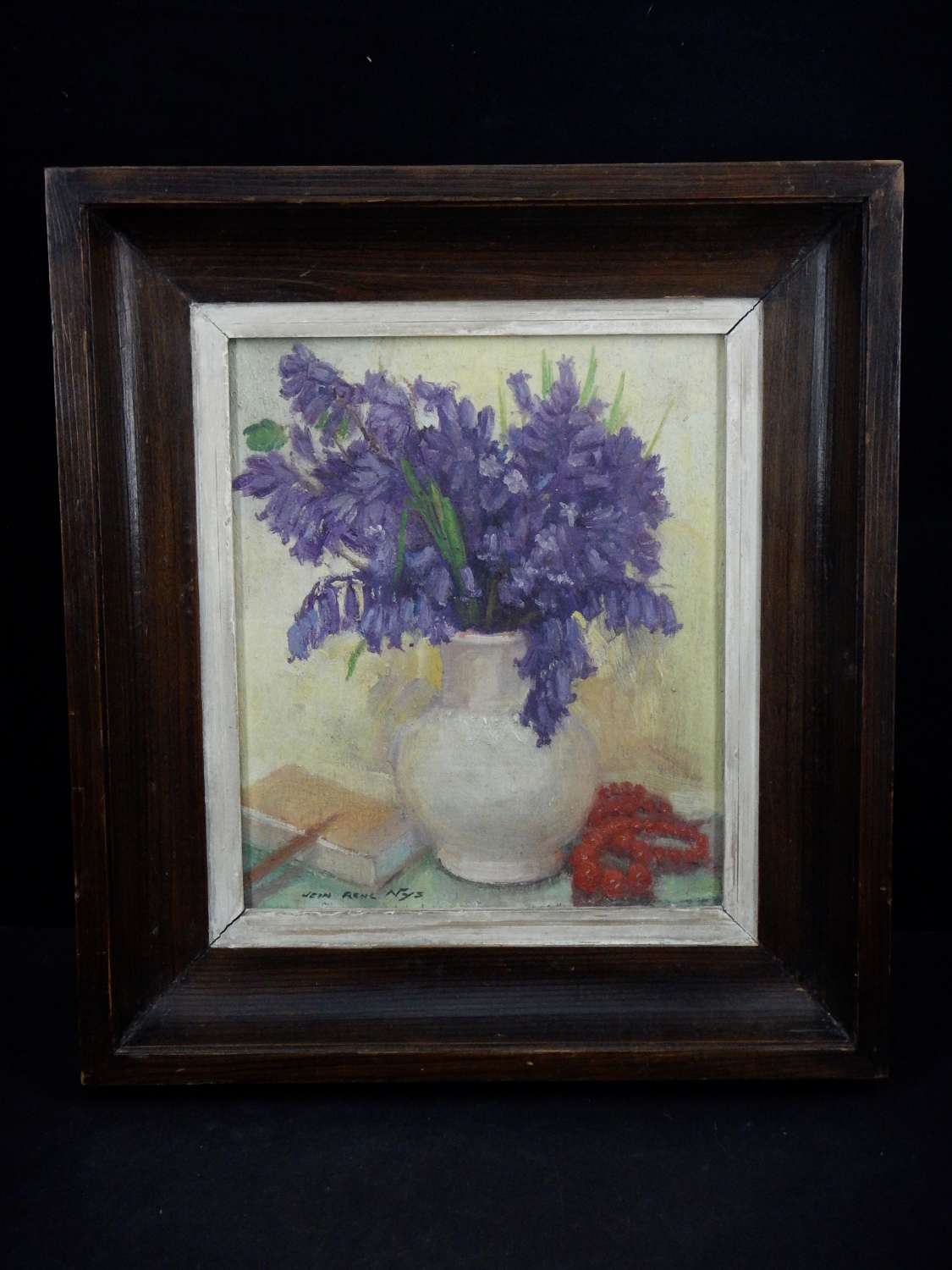 Original French Oil Painting from 1940s - Bluebells with Amber Beads
