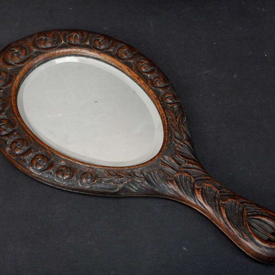 Late 19th Century Antique Hand Mirror with Gorgeous Carved Oak Frame