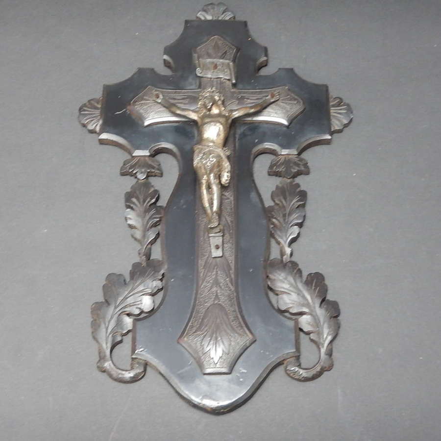 15" Silvered Metal Corpus on Intricately Carved Ebonised Wall Crucifix