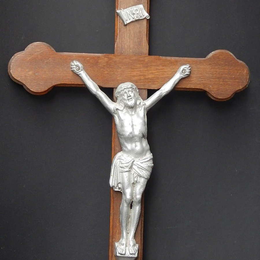 Antique French 28 inch Dark Oak Wall Church Crucifix - Trefoil Detail