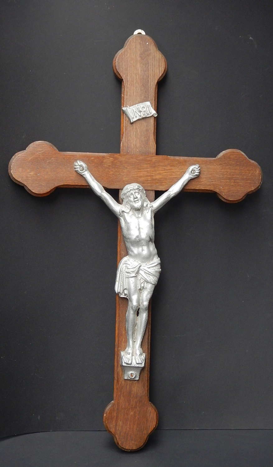 Antique French 28 inch Dark Oak Wall Church Crucifix - Trefoil Detail
