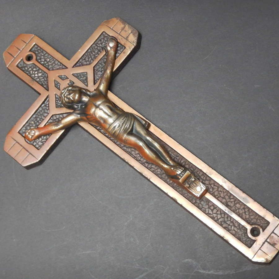Large Antique Cast Iron French Art Deco Wall Crucifix - Superb Bronzed