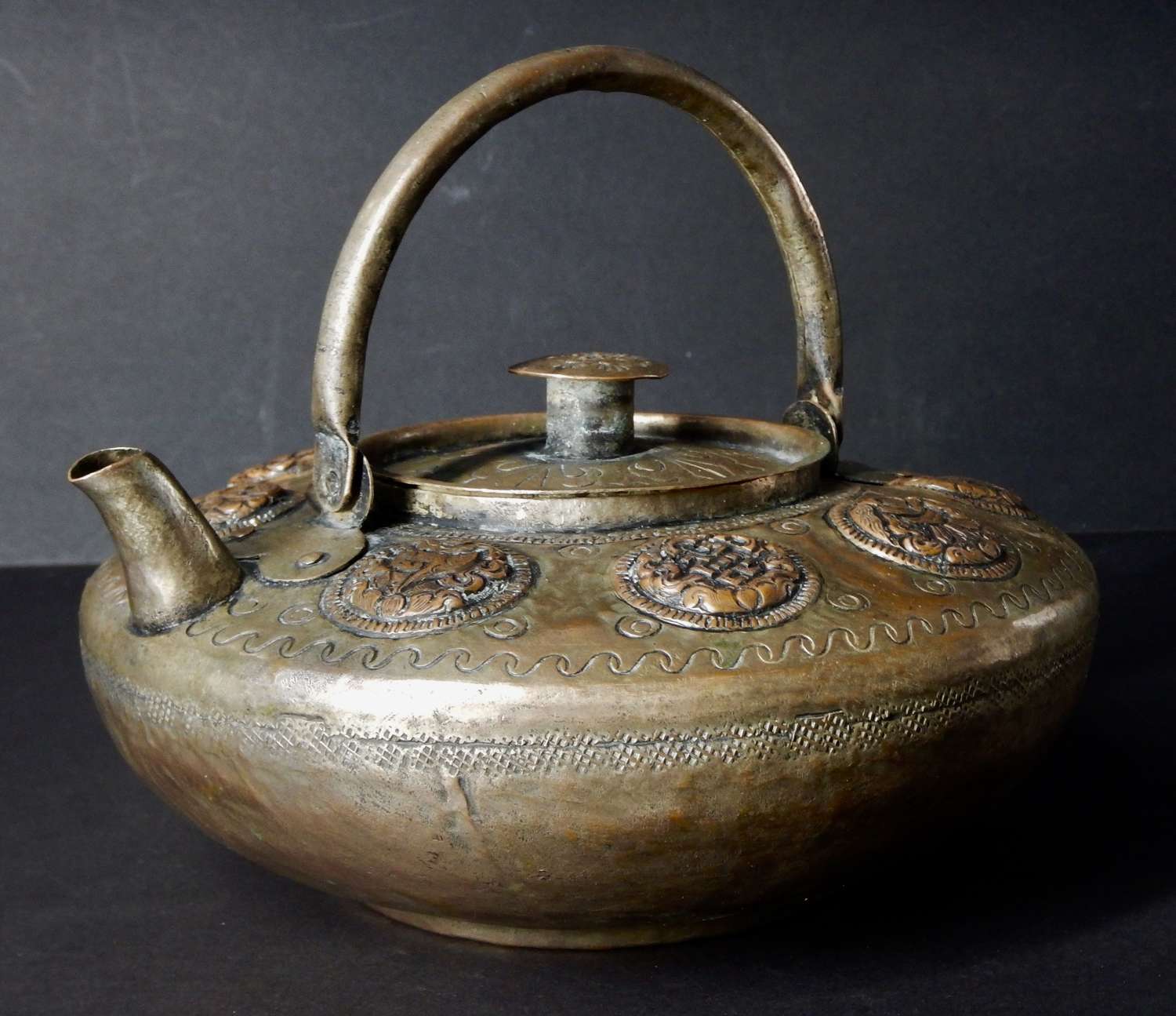 VERY RARE Antique Copper Tibetan Tea Kettle  - Symbols of Good Fortune