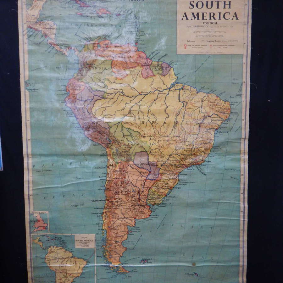 English 1955 Drop Down Map of South America - 1950s