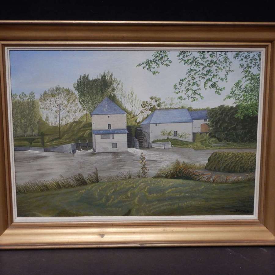 Original French Oil Painting from 1960s - The Water Mill in Blazac