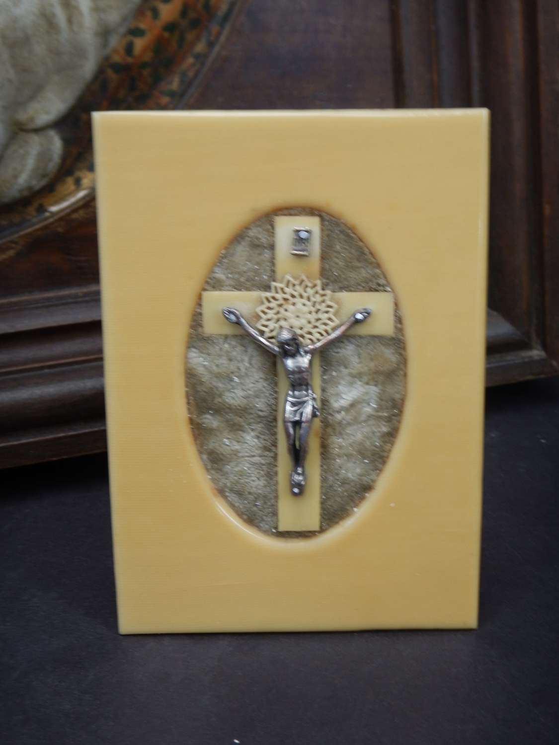 French Ivorene Traveling Crucifix with Oval Cutout