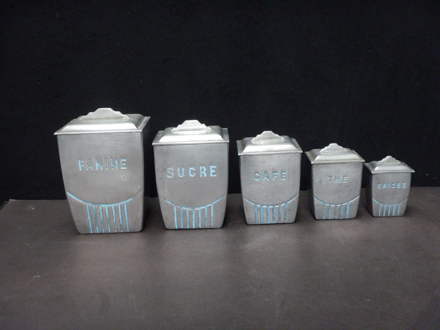 Rare Full Set of Antique French Heavy Aluminium Kitchen Canisters