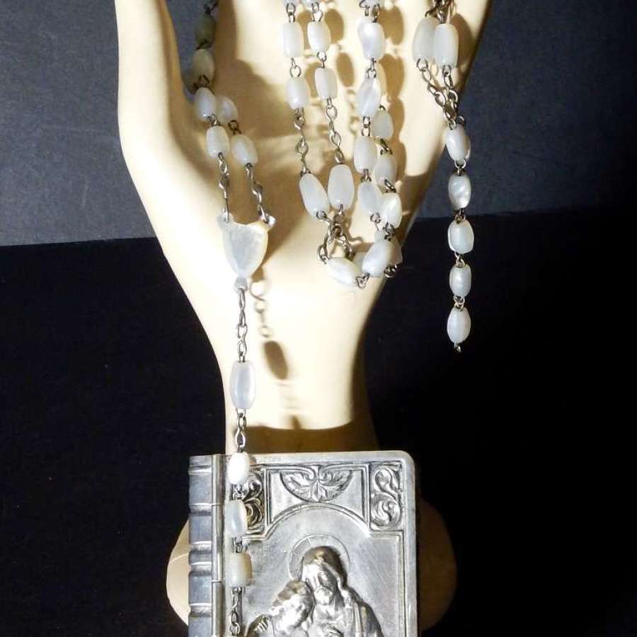 Exquisite Silver Antique Rosary Box with Mother of Pearl Rosary