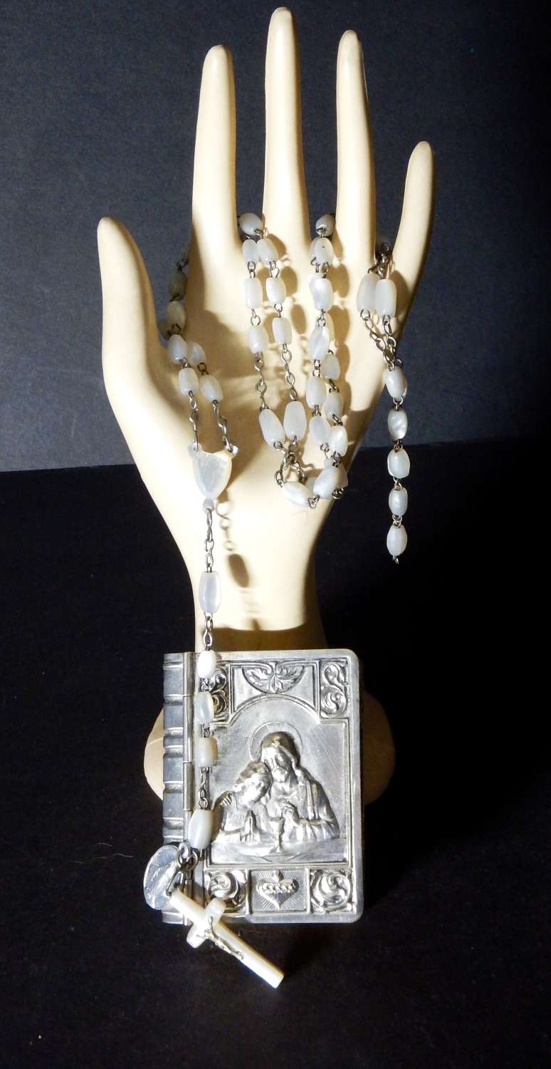 Exquisite Silver Antique Rosary Box with Mother of Pearl Rosary