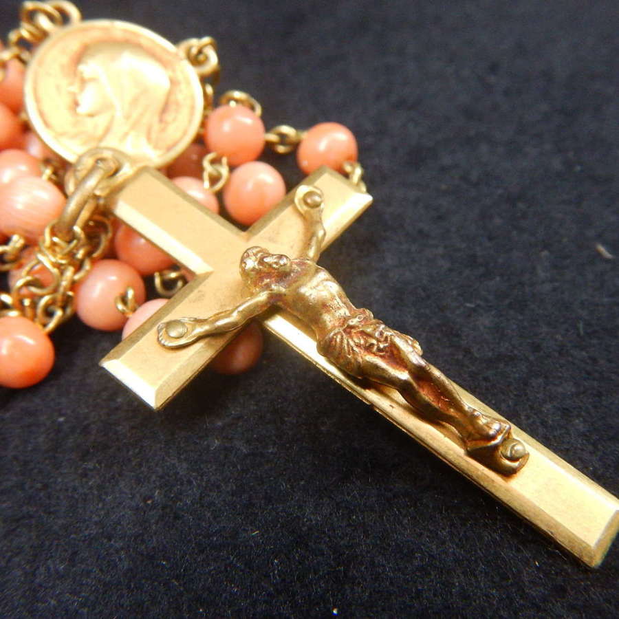 French Rose Coral Rosary with Hand Made Brass Bound Shell Rosary Box