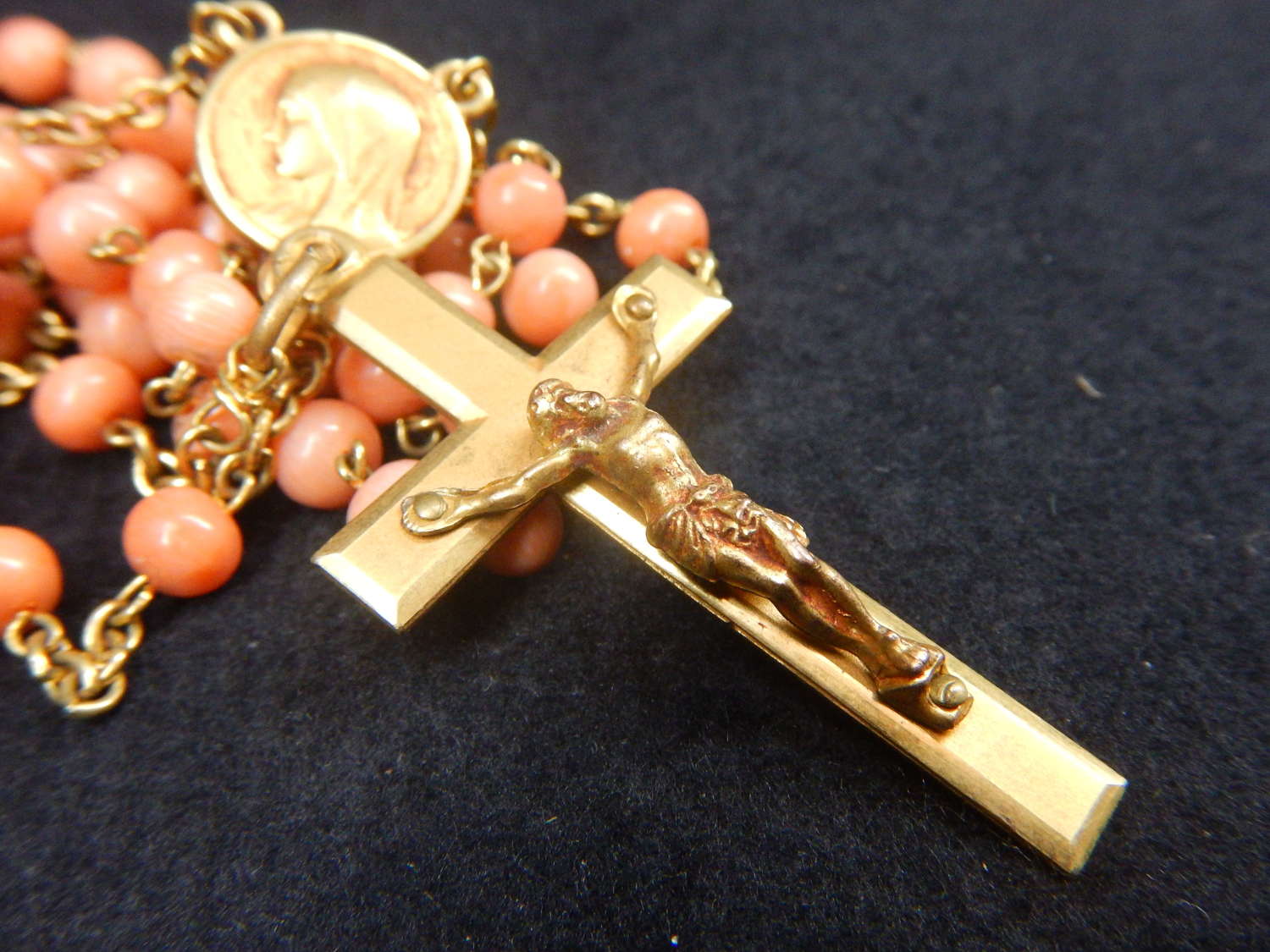 French Rose Coral Rosary with Hand Made Brass Bound Shell Rosary Box