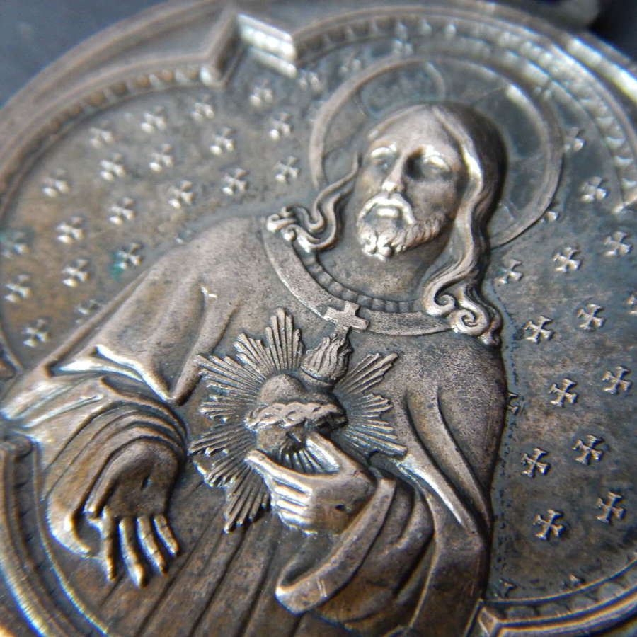 RARE 1800's Bronze Medallion - ANTIQUE - The Sacred Heart and Our Lady