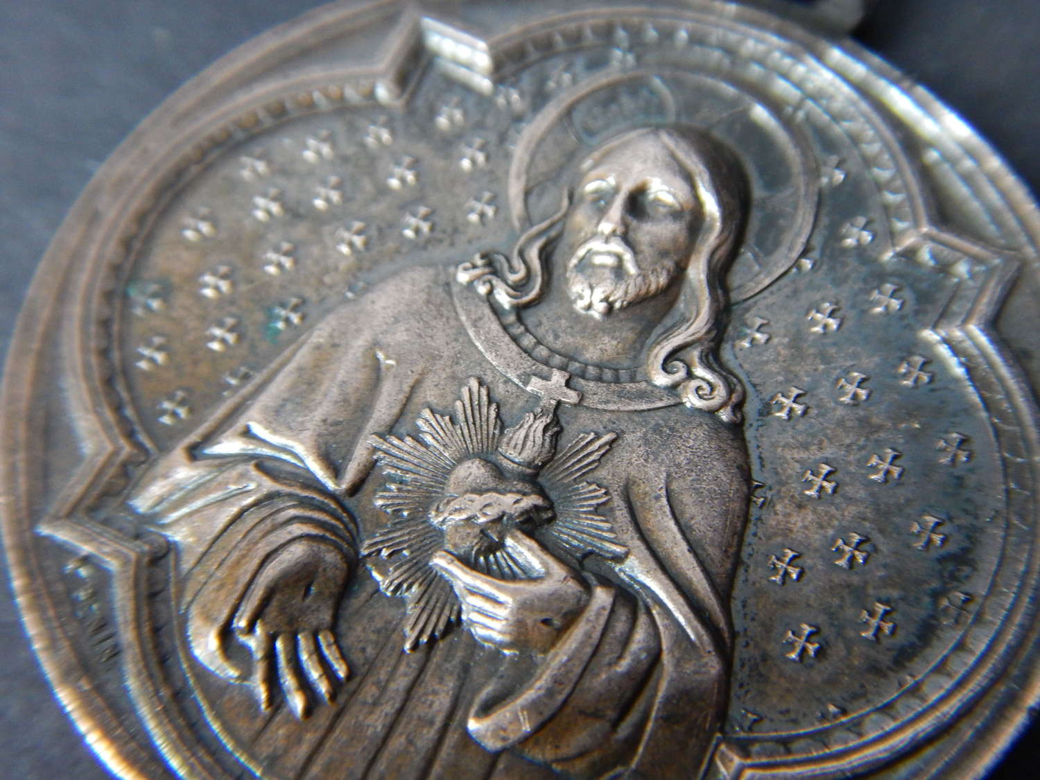 RARE 1800's Bronze Medallion - ANTIQUE - The Sacred Heart and Our Lady