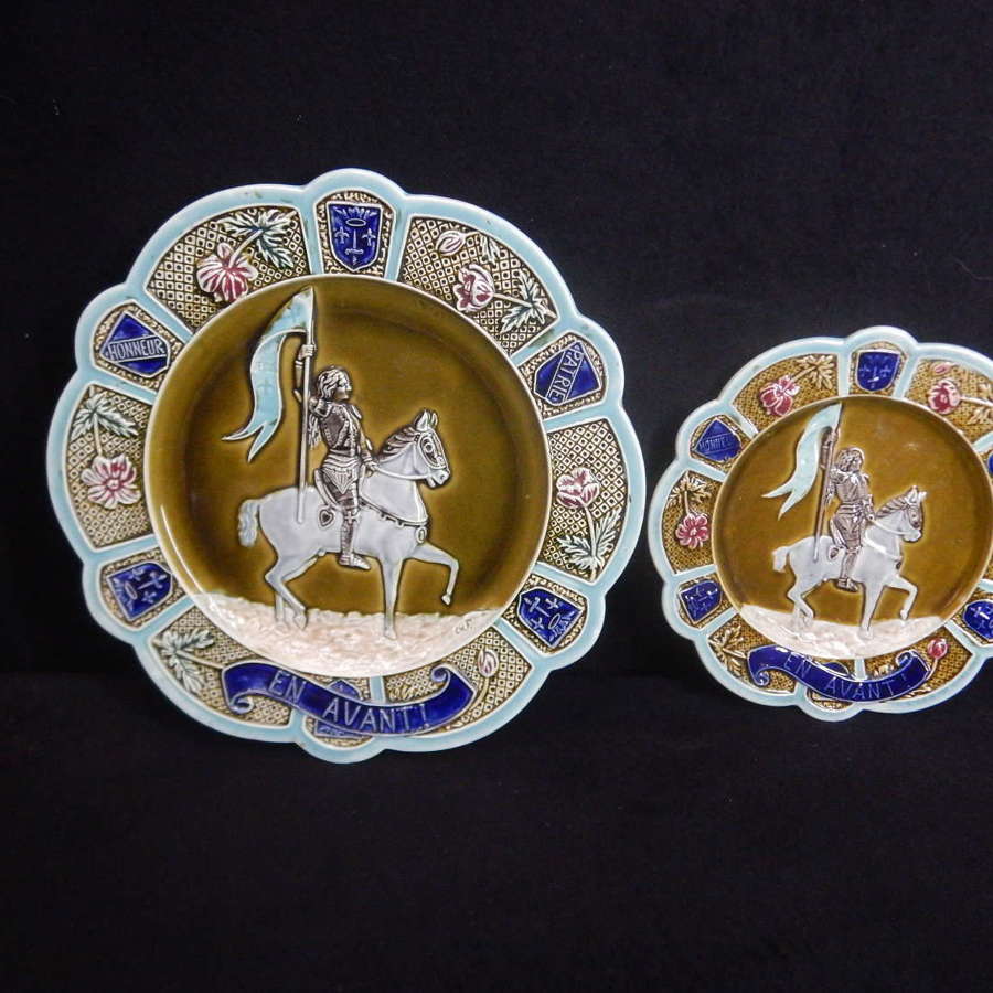French JOAN OF ARC Barbotine Majolica Decorative Plates