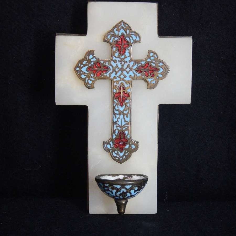 Onyx & Cloisonné / Champleve Wall Crucifix  Holy Water Font