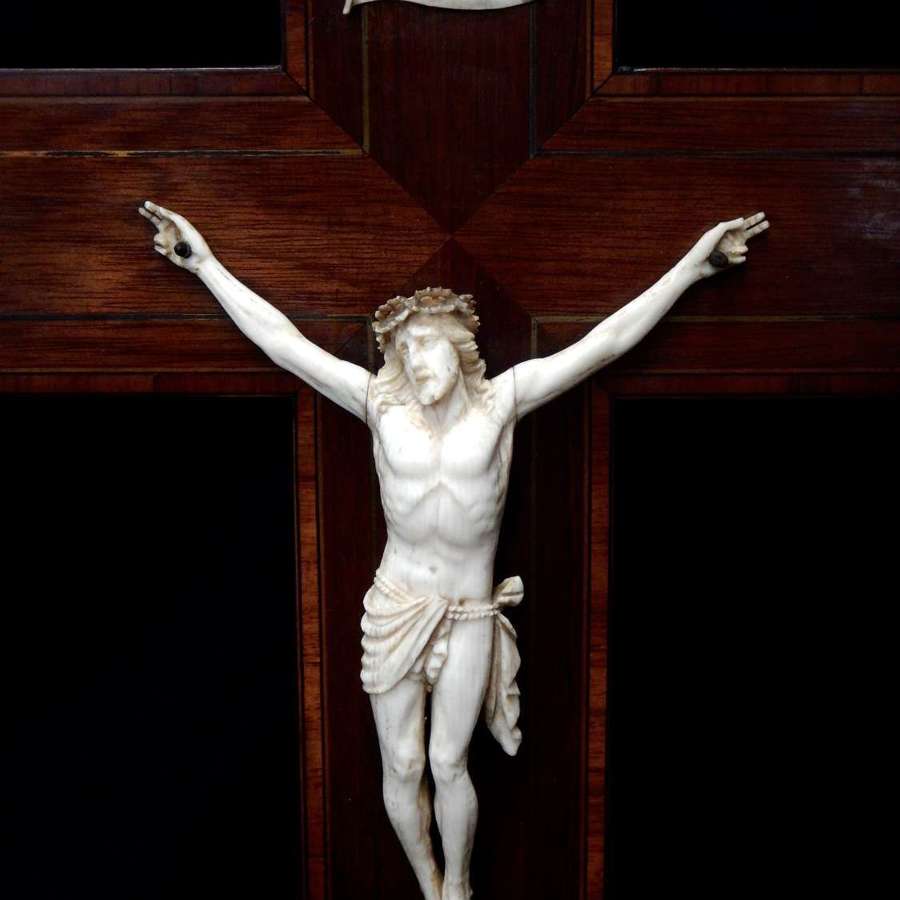 Antique French Ivory with Satinwood Banded Crucifix Mid 1800's