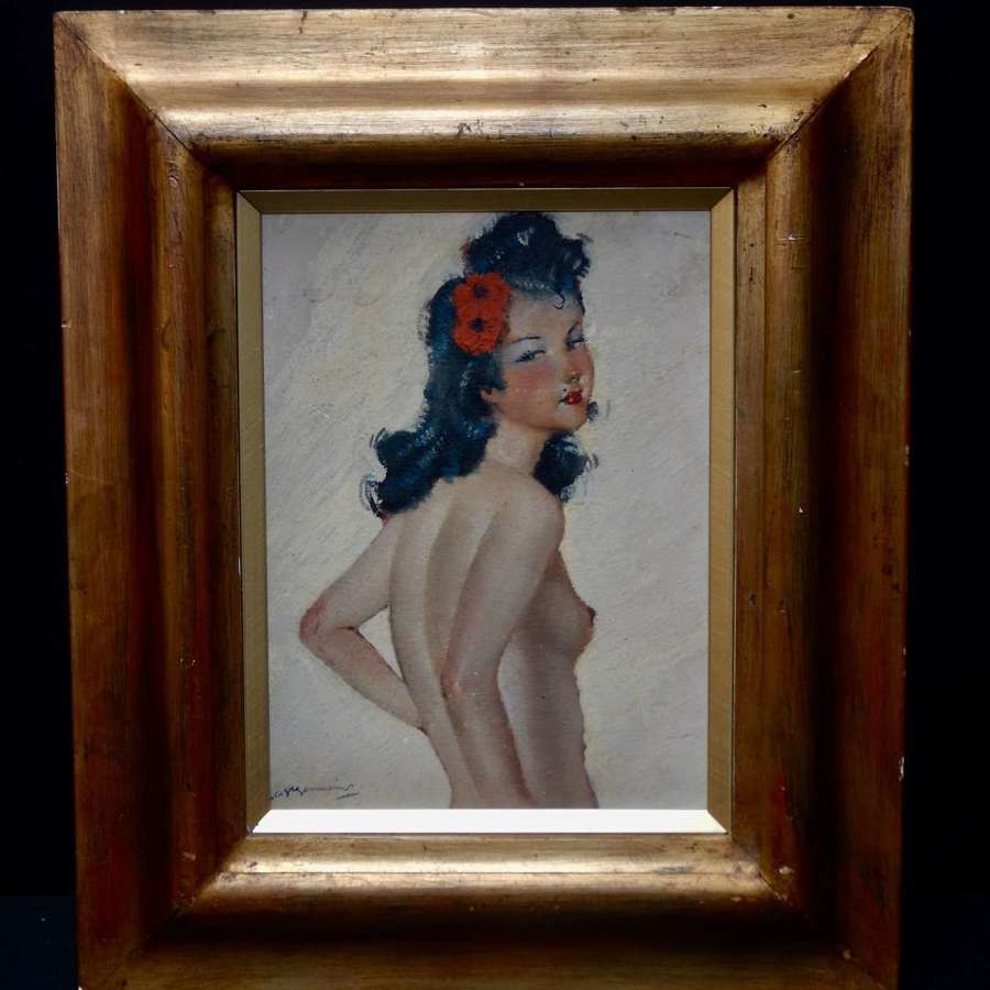 Signed Original French Art  - 1950s Oil on Board -Nude Pin-Up