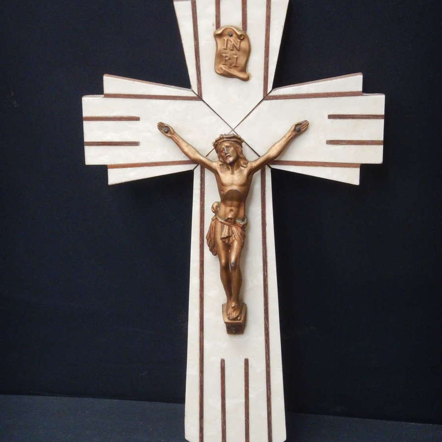 Bronzed Spelter Christ on Cream Art Deco Crucifix - 11.75