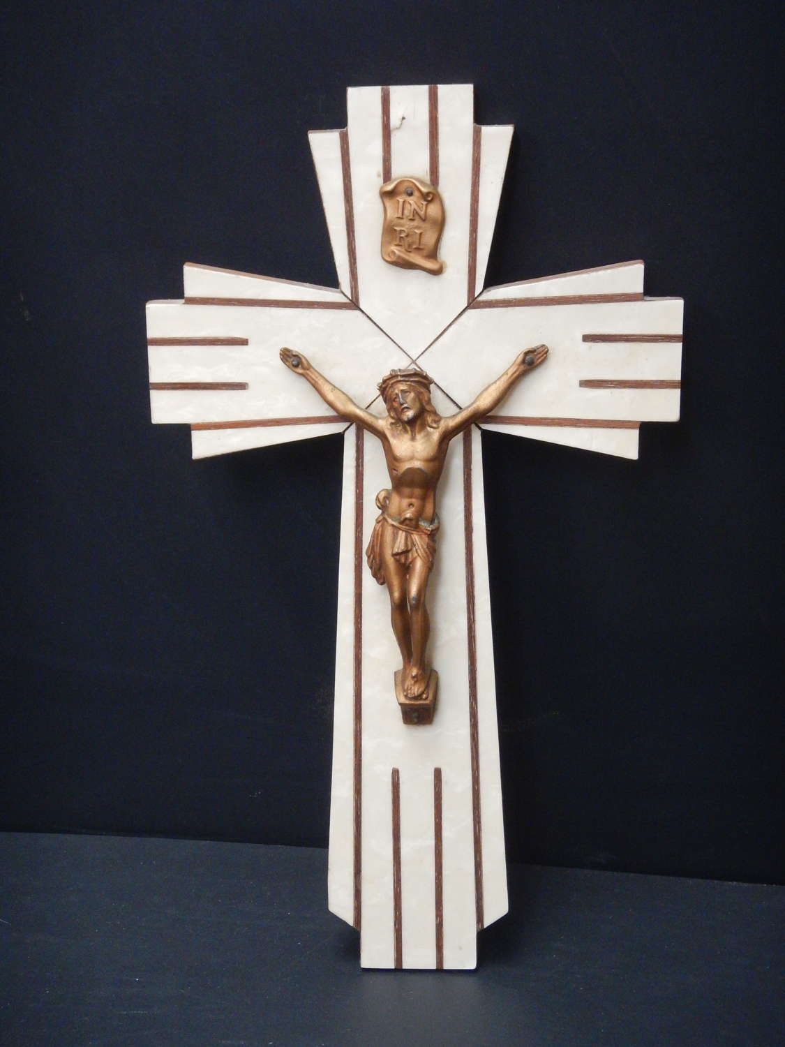Bronzed Spelter Christ on Cream Art Deco Crucifix - 11.75