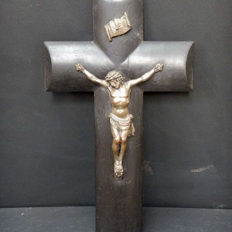 Unusual Antique Ebonised French Crucifix with Silvered Corpus