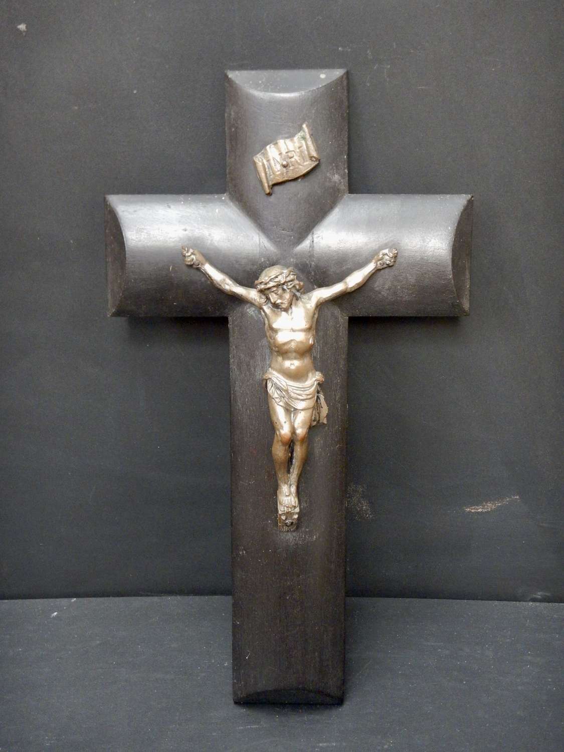 Unusual Antique Ebonised French Crucifix with Silvered Corpus