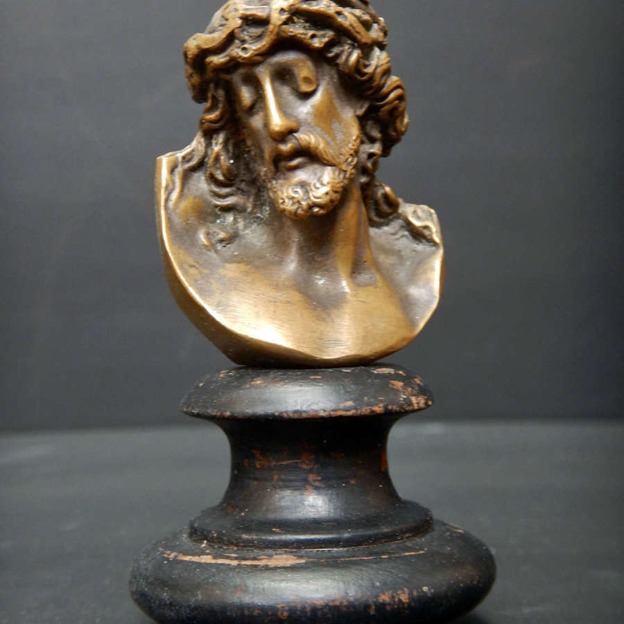 Small Bronze c.1890 Bust of Jesus Christ on wooden stand