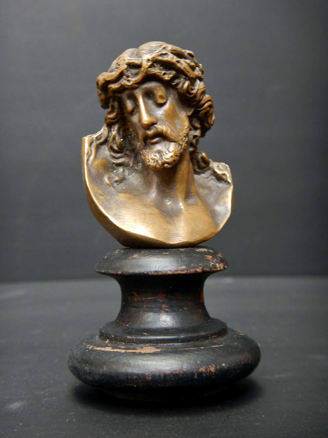 Small Bronze c.1890 Bust of Jesus Christ on wooden stand