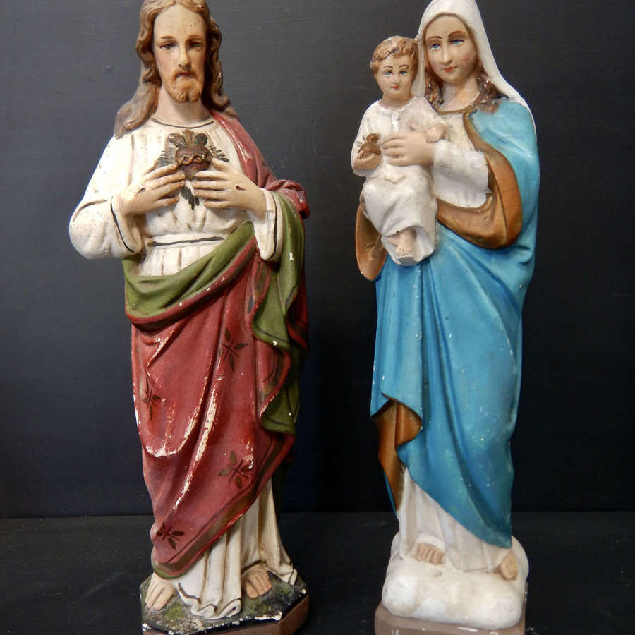 Sacred Heart & Virgin Mary with Infant Jesus - Irish Antique