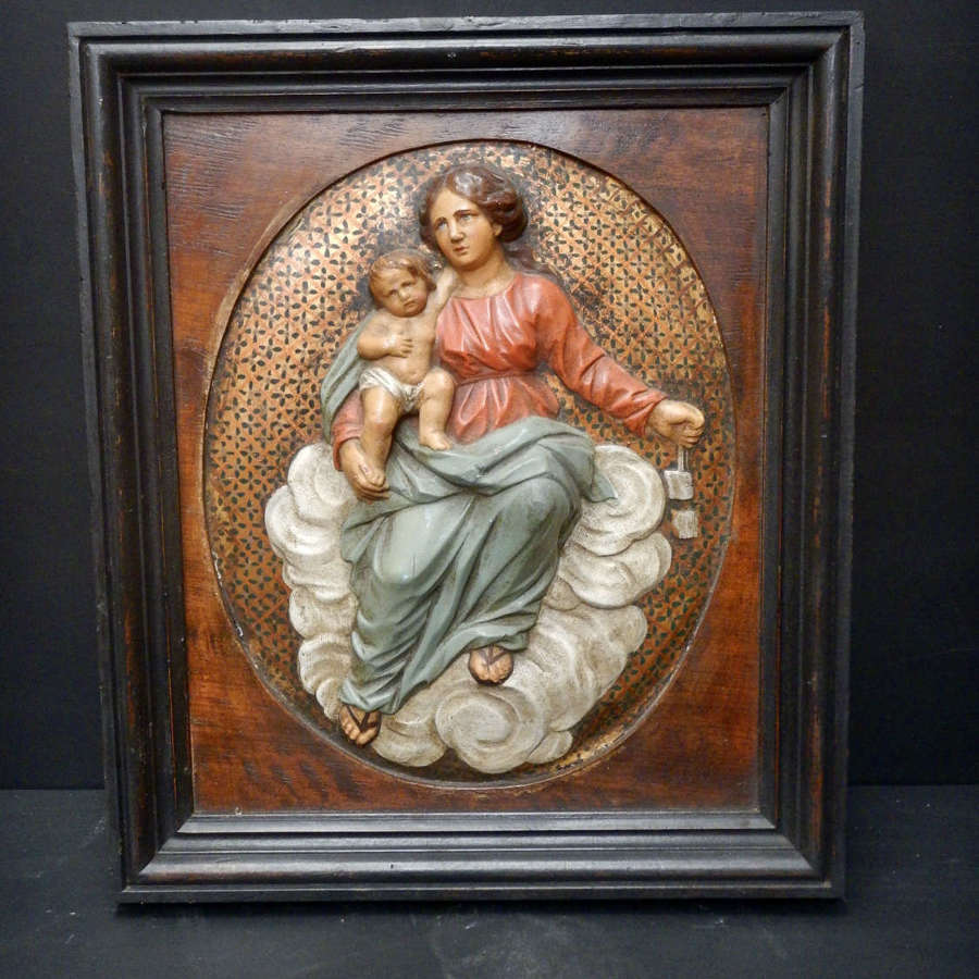 Antique Polychrome Plaque of Mary and the Infant Jesus