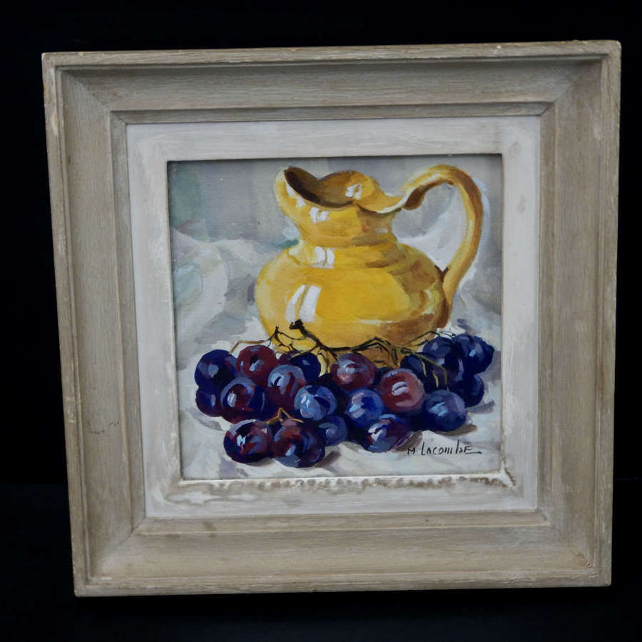 Vintage French Painting - Yellow Jug and Grapes in Gouache
