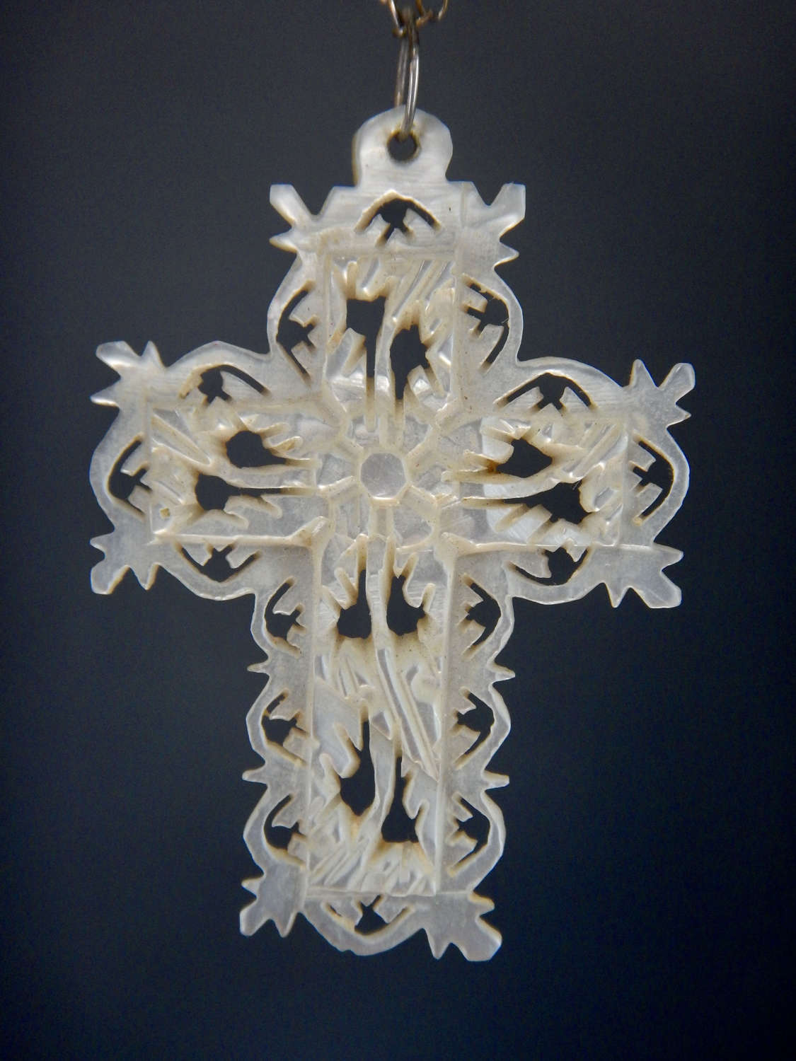 Carved Mother of Pearl or Nacre Medallion Cross or Pendant