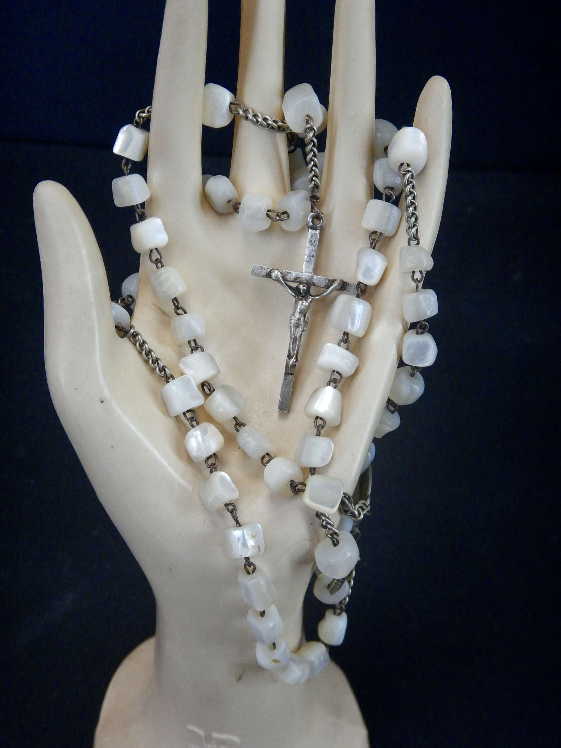 Antique French Mother of Pearl Rosary - Silver Plated Crucifix