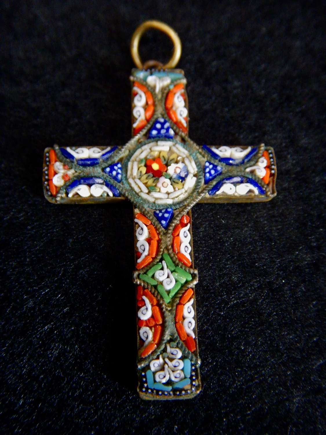 Truly Stunning Little Italian Micro Mosaic Crucifix Pendant - Antique