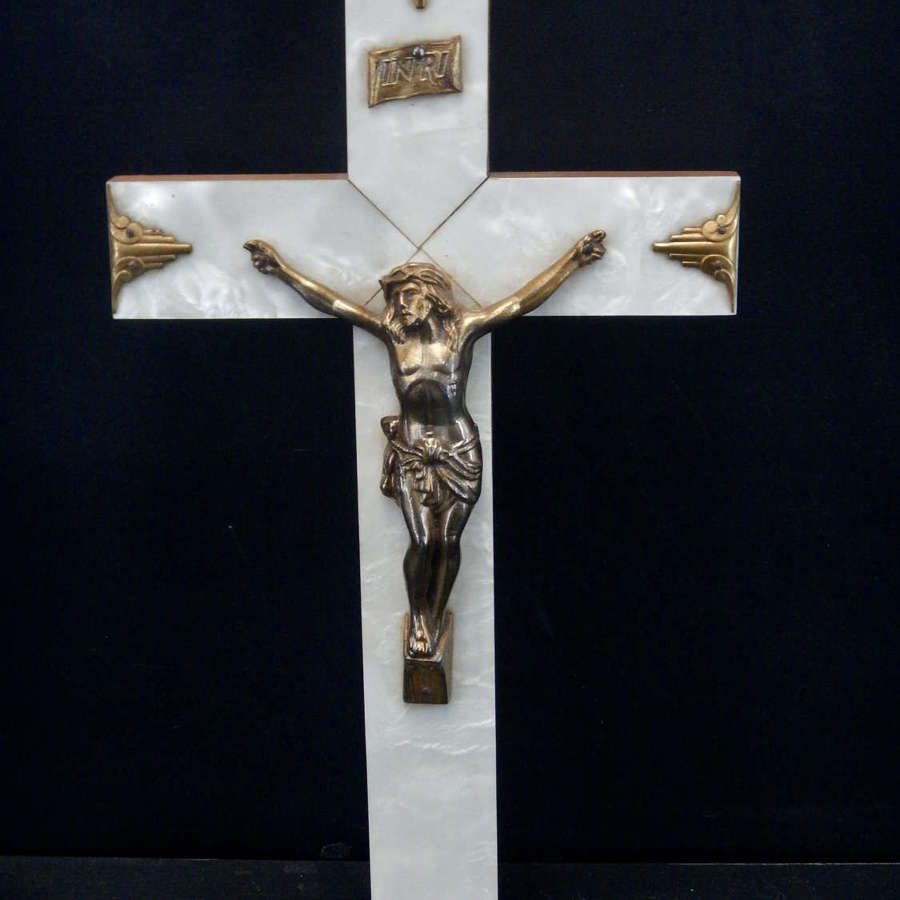 Gold Spelter Christ on Cream Art Deco Pearlised Crucifix - 10"- French