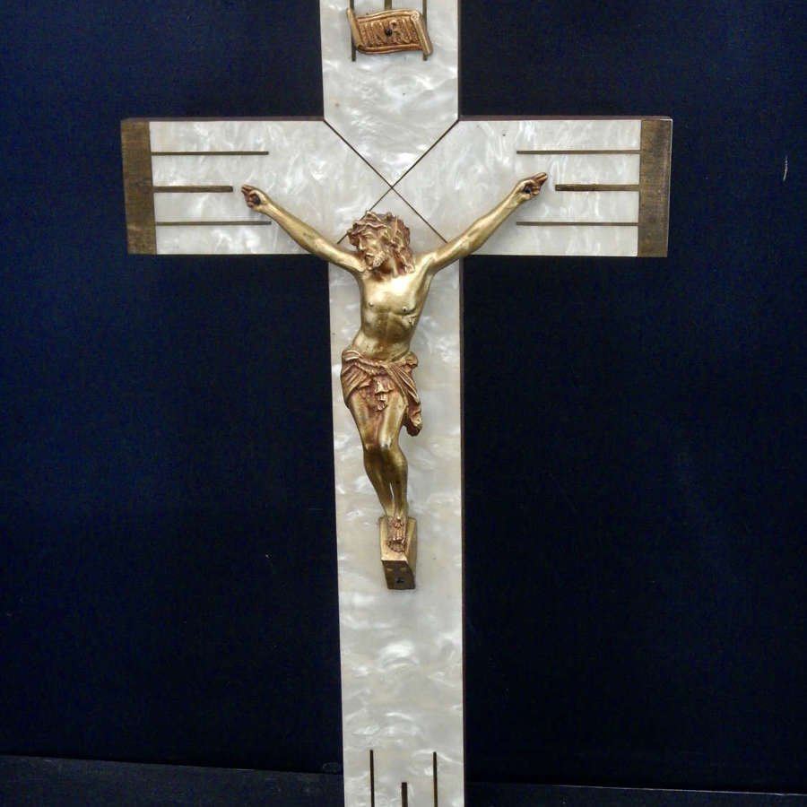 Cream Art Deco Crucifix with Gold Spelter Body of Christ - 13.75"