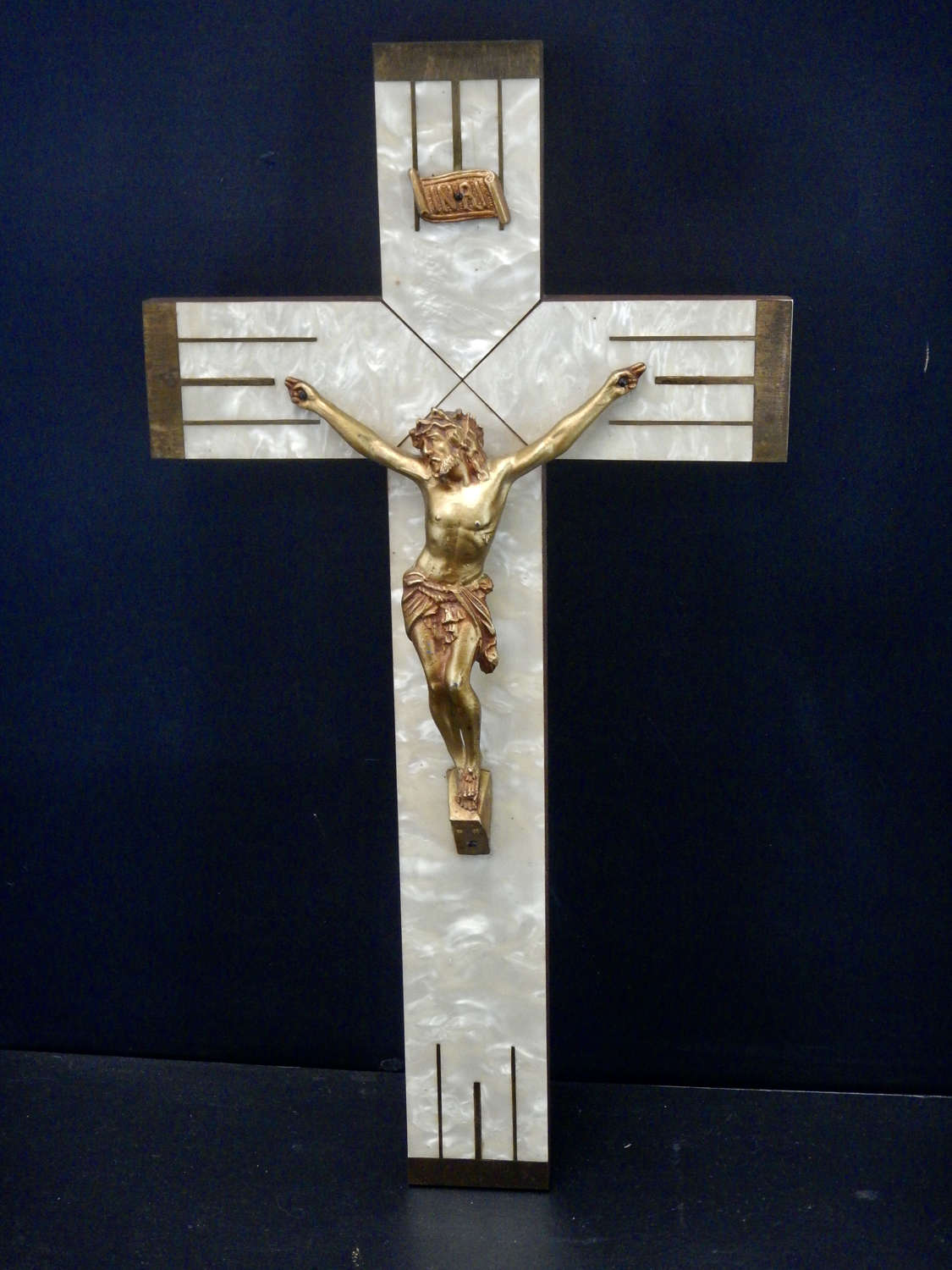 Cream Art Deco Crucifix with Gold Spelter Body of Christ - 13.75