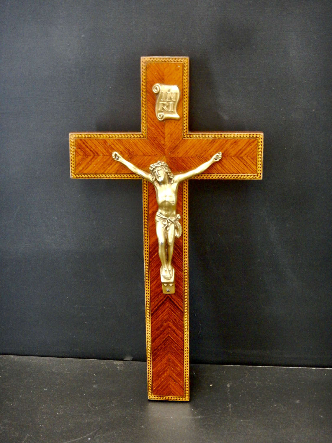 Beautiful Bronzed Christ on Marquetry French Crucifix - 12