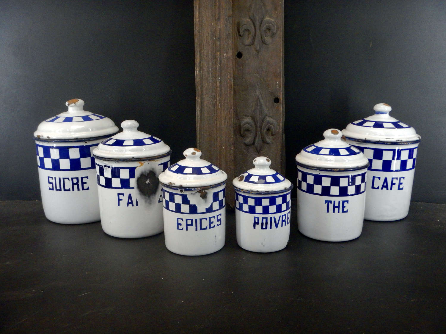 French Vintage Kitchen Canisters - Blue and White Enamel Canisters