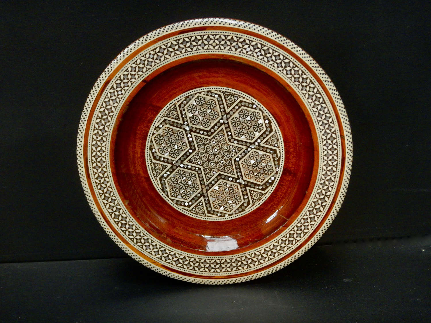 EGYPTIAN Wooden Plate with Inlaid Mother of Pearl and Bone