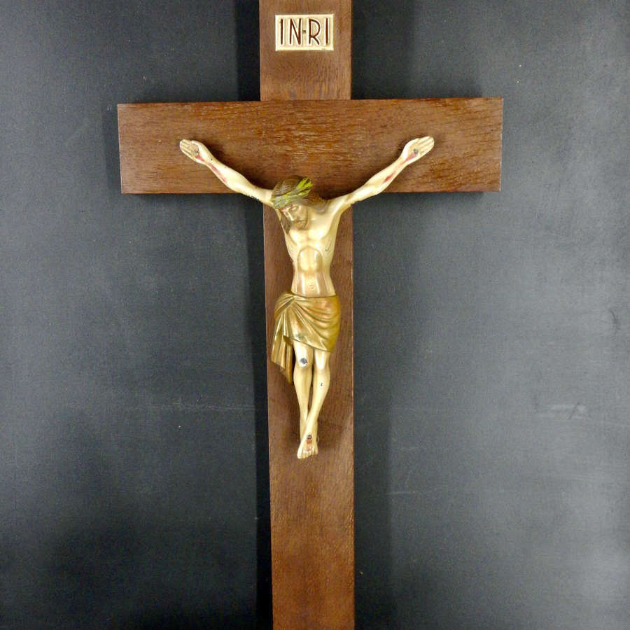 Vintage 20" German Convent Cross Crucifix - Poly Chrome painted metal