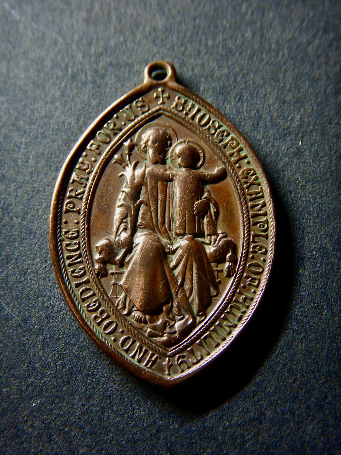 Unusually large copper Virgin Mary and St Joseph medal - O Mary