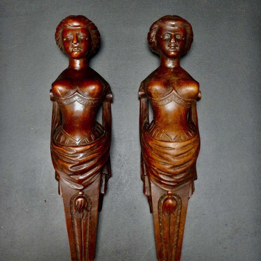 Two Superb Antique French Carved Wooden Caryatids - Antique French